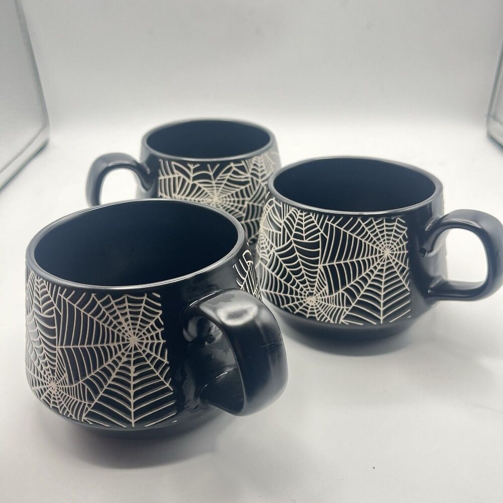 COCO + LOLA Halloween Spiderweb Set of 3 Coffee Mugs Black Cups Mug - Picture 12 of 13